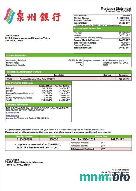 Japonia The Senshū Bank wyciąg z kredytu hipotecznego szablon Word i PDF